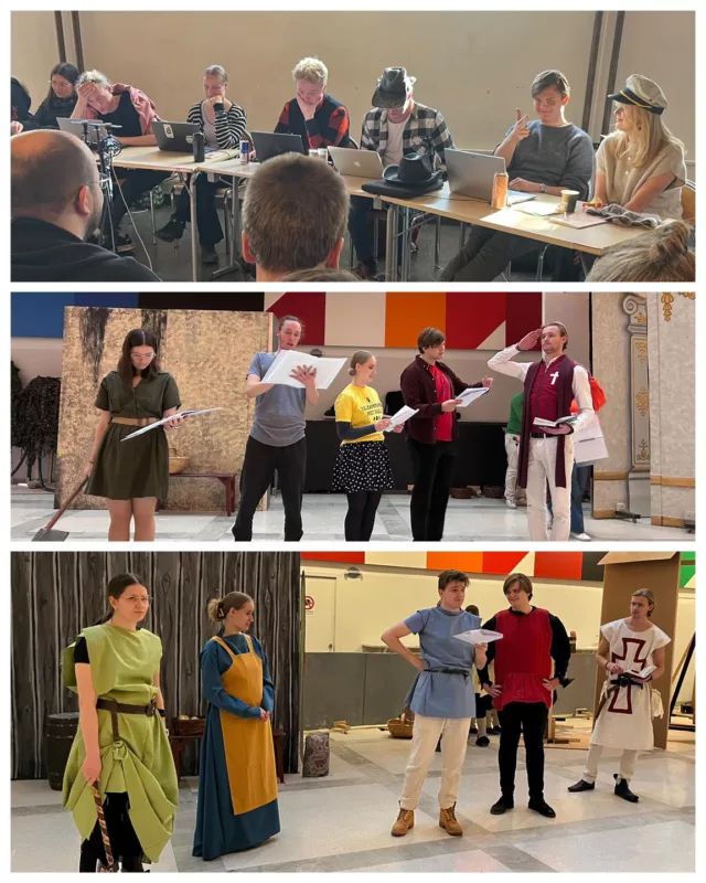 Nu är premiären närmar sig är det intressant att blicka tillbaka och se hur mycket som har hänt under året. För KMPs del har det hänt en hel del mellan våra 3 genomdrag!Mellan Happening i oktober och Checkis november jobbade KMP-gruppen med att ta fram visionen för karaktärernas utseende. De valde tyg och färger och tog fram karakrärsskisser. Till Smygis för snart 3 veckor sedan kunde man verkligen se visionen börja ta form. Sedan dess har de bland annat jobbat med detaljer så som capes, huvor och accessoarer, och om drygt en vecka kommer vi äntligen få se resultatet på scen på Dieselverkstaden 🥰