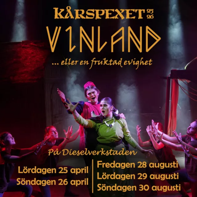 Nu släpper vi biljetterna till omgång 2 och 3 av Kårspexet Vinland!✨🍏🌟🍎🌟🍏✨🕝 25 april kl 14:30 - gamla spexare*
🕒 26 april kl 15:00
🕖 28 augusti kl 19:00 - bjupp **
🕕 29 augusti kl 18:00
🕒 30 augusti kl 15:00 - slasque***🎟️ karspexet.se/biljetter* till denna föreställning är alla välkomna men är du tidigare Kårspexare är detta ett extra bra tillfälle att träffa på gamla vänner från din tid i spexet. Inbjudan till tillhörande fest kommer inom kort.** bjupp betyder att vi bjuder in alla våra vänföreningar till denna föreställning, men alla är såklart välkomna!*** slasquen är en lite extra spexig föreställning där årets spexare får skämta med varandra på scen. På den här föreställningen kan vad som helst hända. Extra kul om du redan har sett en ”vanlig” föreställning!✨🍏🌟🍎🌟🍏✨Föreställningarna arrangeras i samarbete med ABF Stockholm och med stöd av Nacka Kommun och Ung Teaterscen